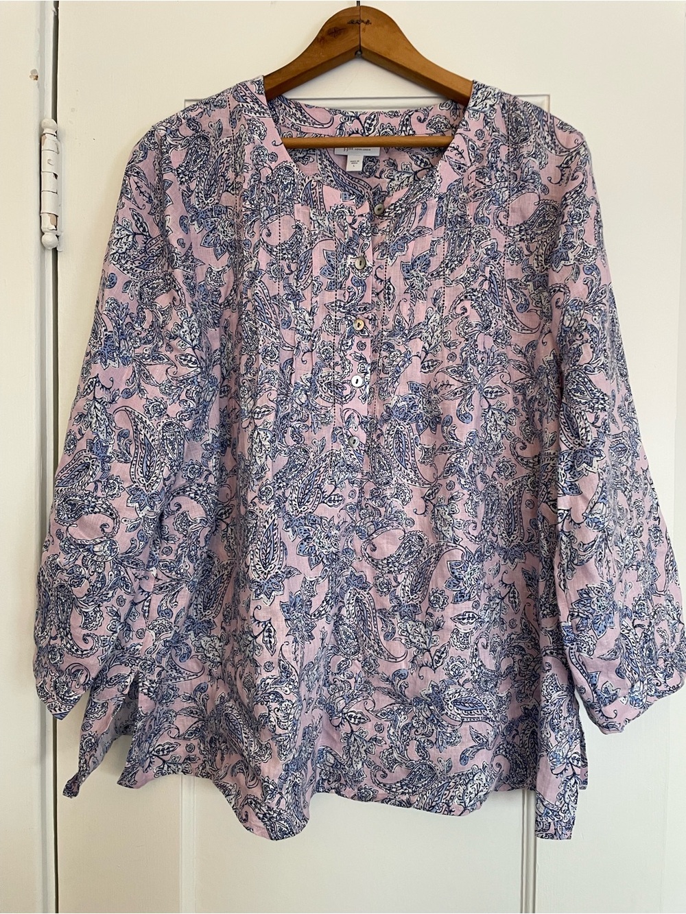 J Jill 100% Linen Oversized Paisley V-Neck Blouse | Large
